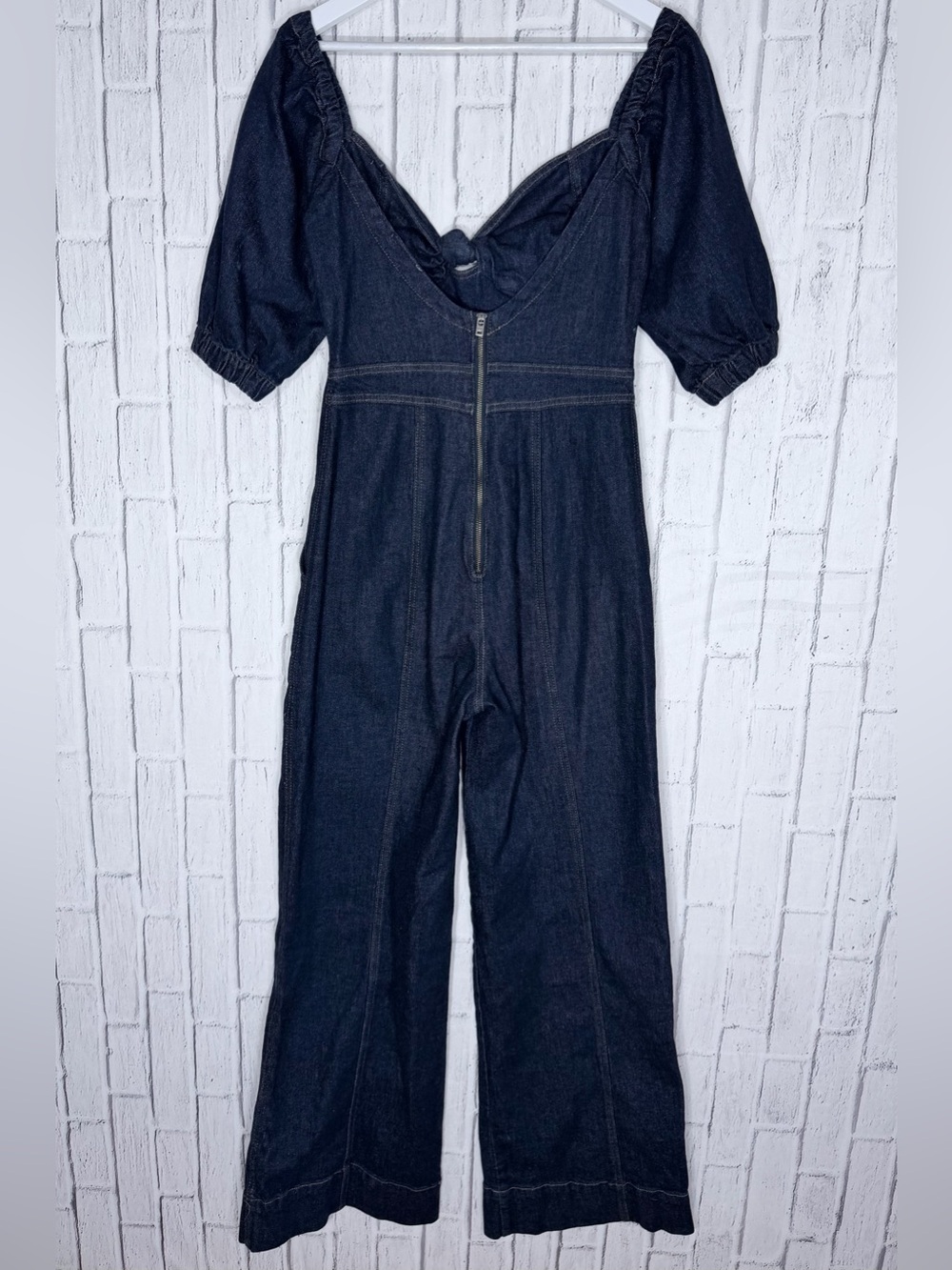 Farm Rio Denim Puff Sleeve Wide Leg Jumpsuit Dark Wash Size M - Picture 3 of 8